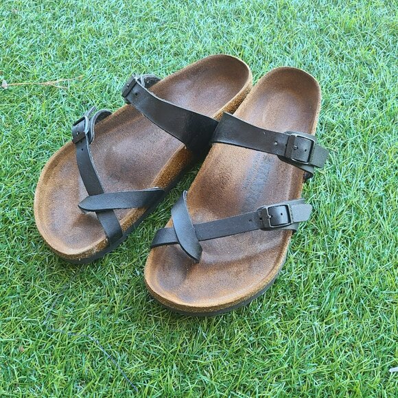 Birkenstock Mayari Black Leather Sandals Women’s 37 ( 6.5-7 ) | Strappy Toe Loop - Picture 2 of 11